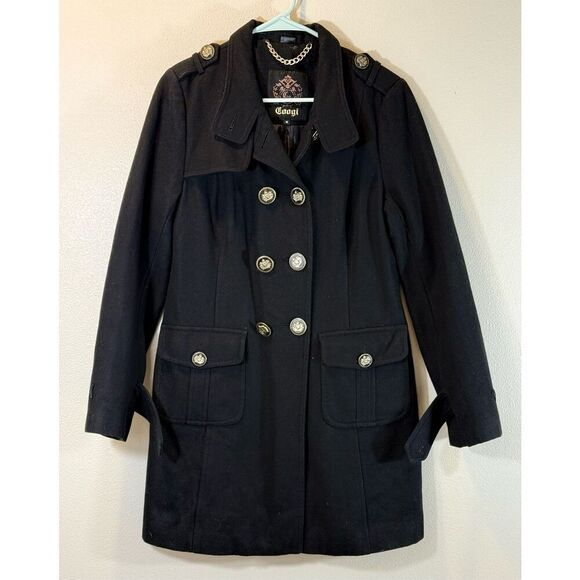 Vintage COOGI Black Wool Blend Mid Length Gold Button Pea Coat Women's Medium - Picture 1 of 13